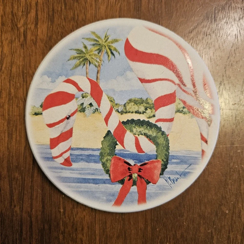 Beach Christmas Coaster Set Of 4 With Holder Candy Cane‎ Lighthouse Flamingos